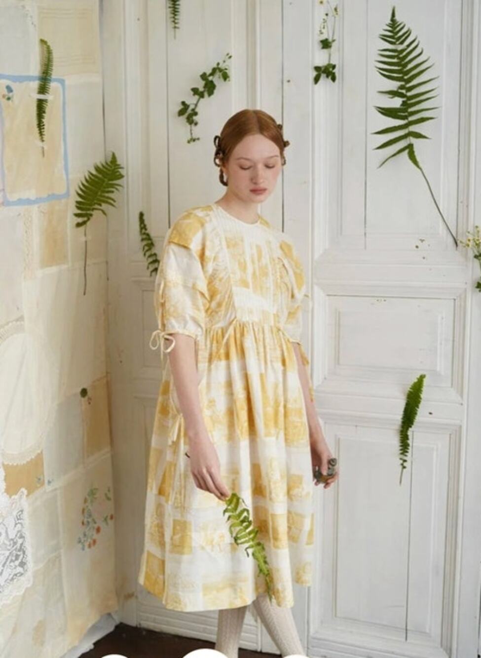 UNLOGICAL POEM Sz 38 L Yellow Print Vintage Style Puff Sleeve Printed Dress